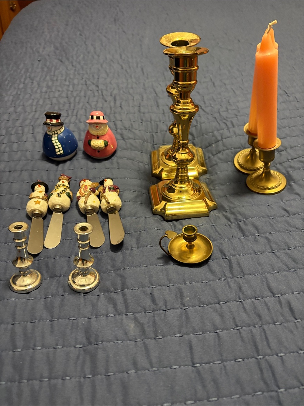 2 sets of gold colored & 3 decorative candlesticks & holiday kitchen tools